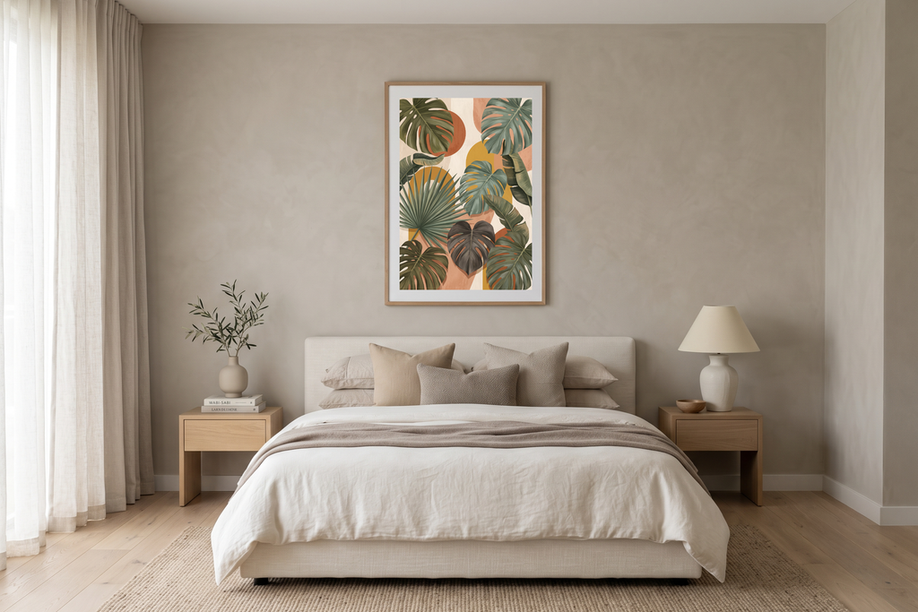 Abstract monstera and palm leaf wall decor displayed above a cozy natural linen bed
