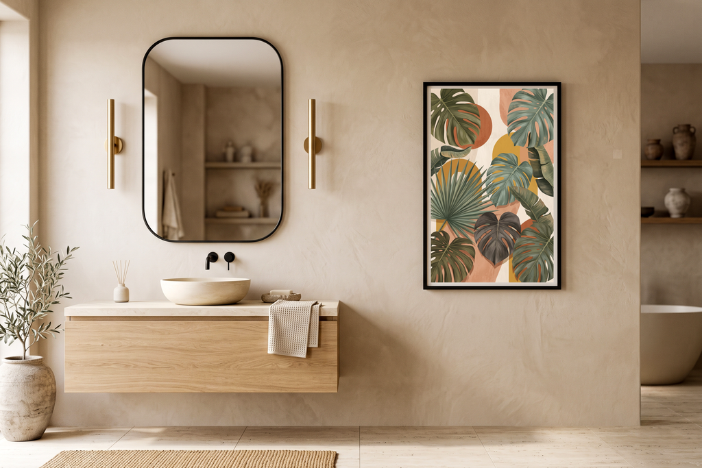 Calming earthy terracotta and green plant art adding a spa-like feel to a modern bathroom