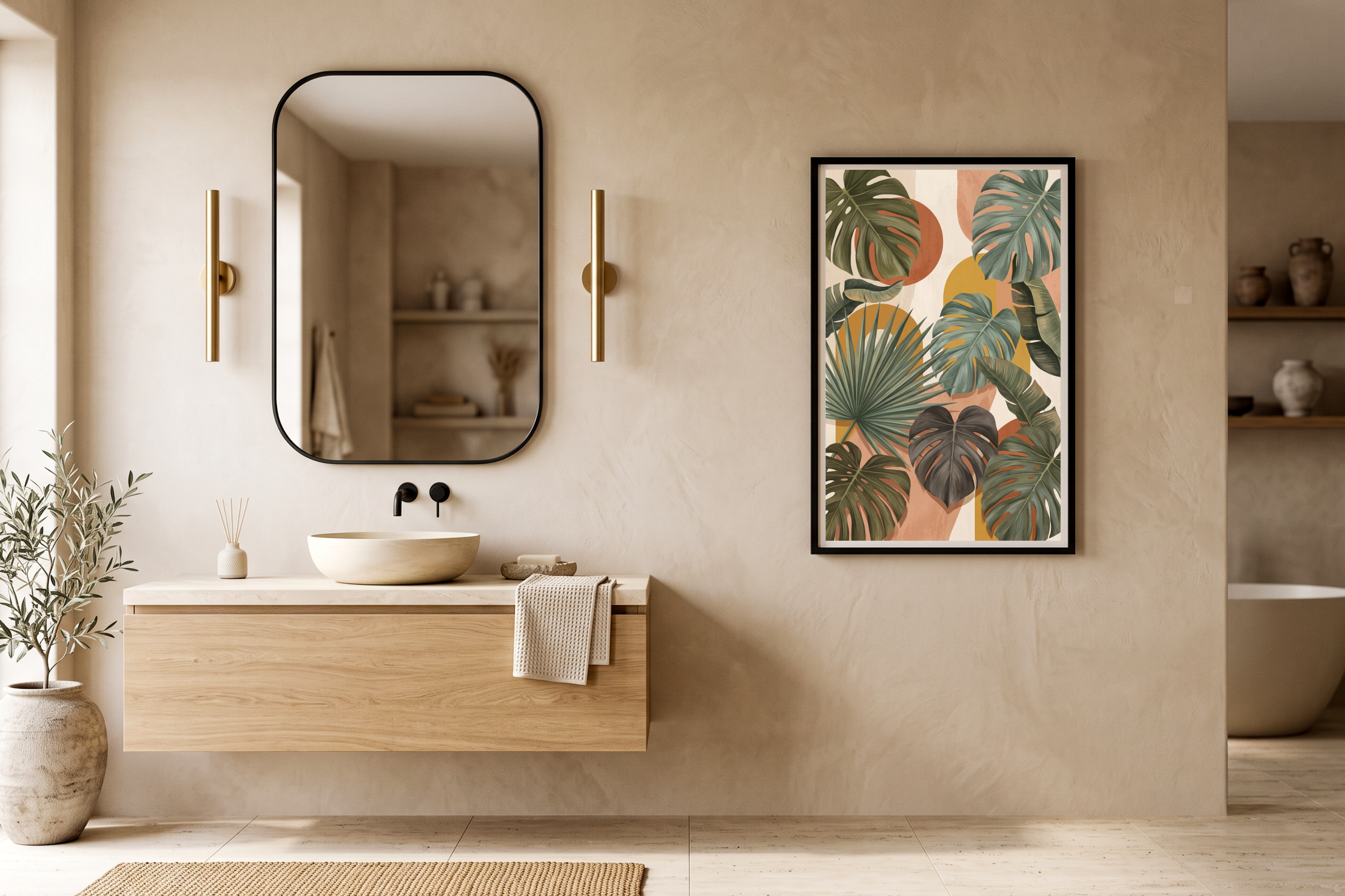 Calming earthy terracotta and green plant art adding a spa-like feel to a modern bathroom
