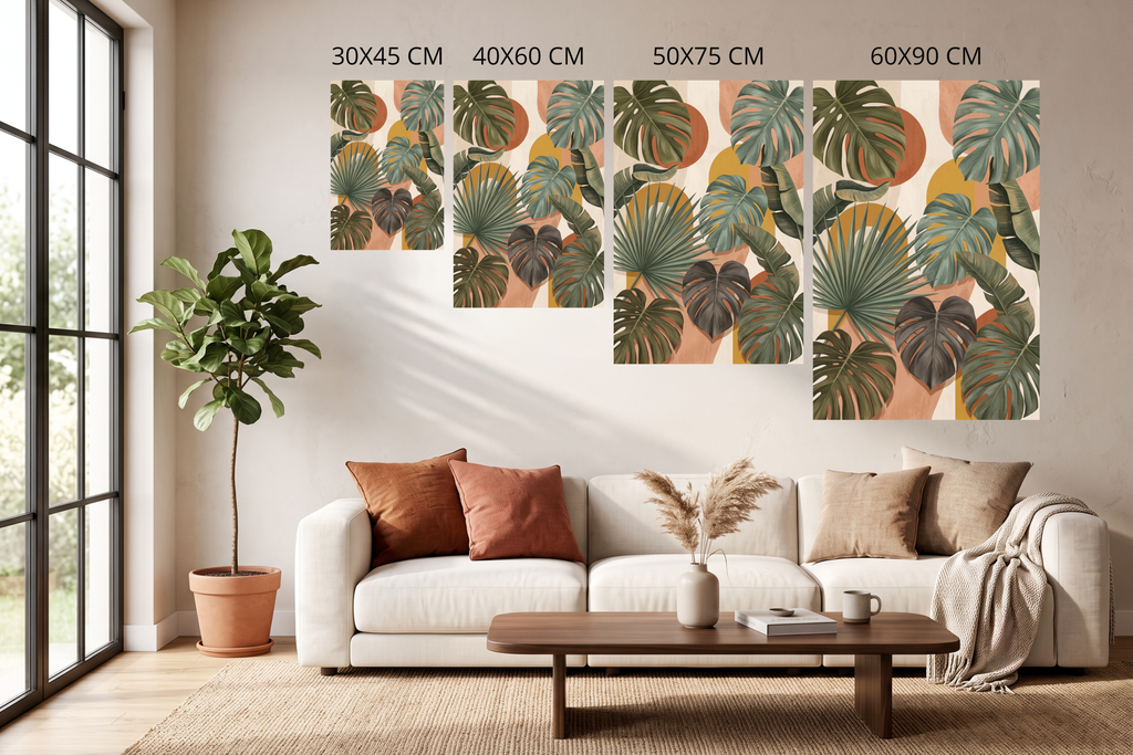 Boho tropical botanical canvas print styling a serene earthy living room