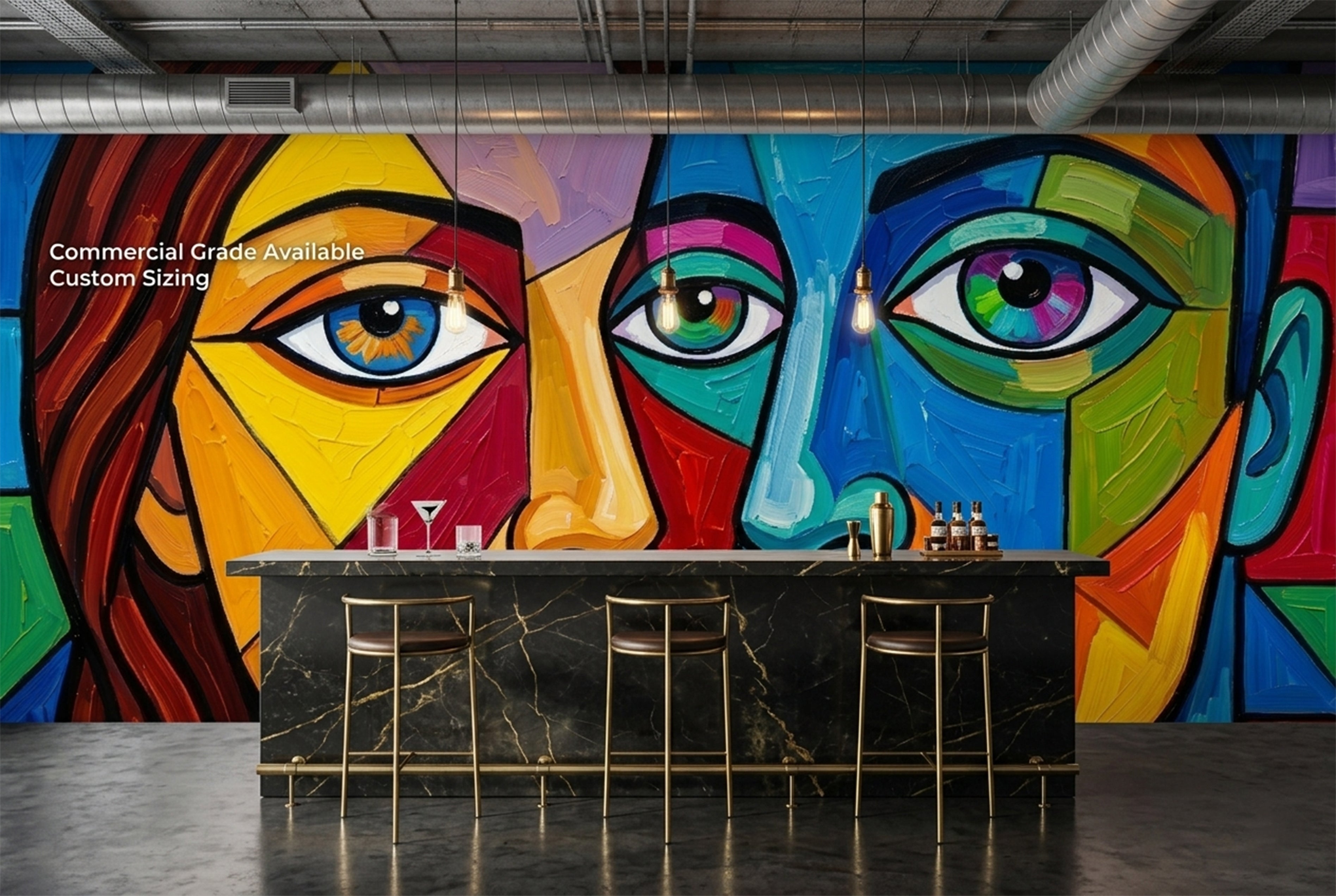 Bold abstract modern art peel and stick mural in a creative studio