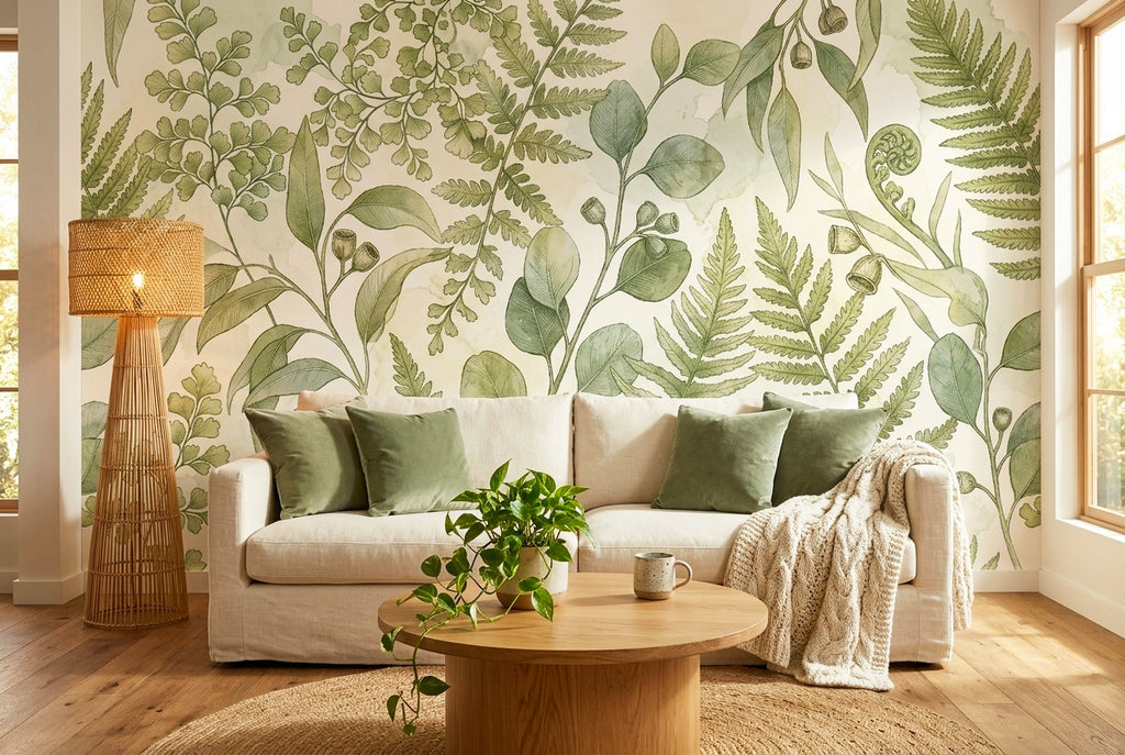 Botanical fern and eucalyptus watercolour wallpaper mural in a serene living room behind a cream linen sofa with green velvet cushions