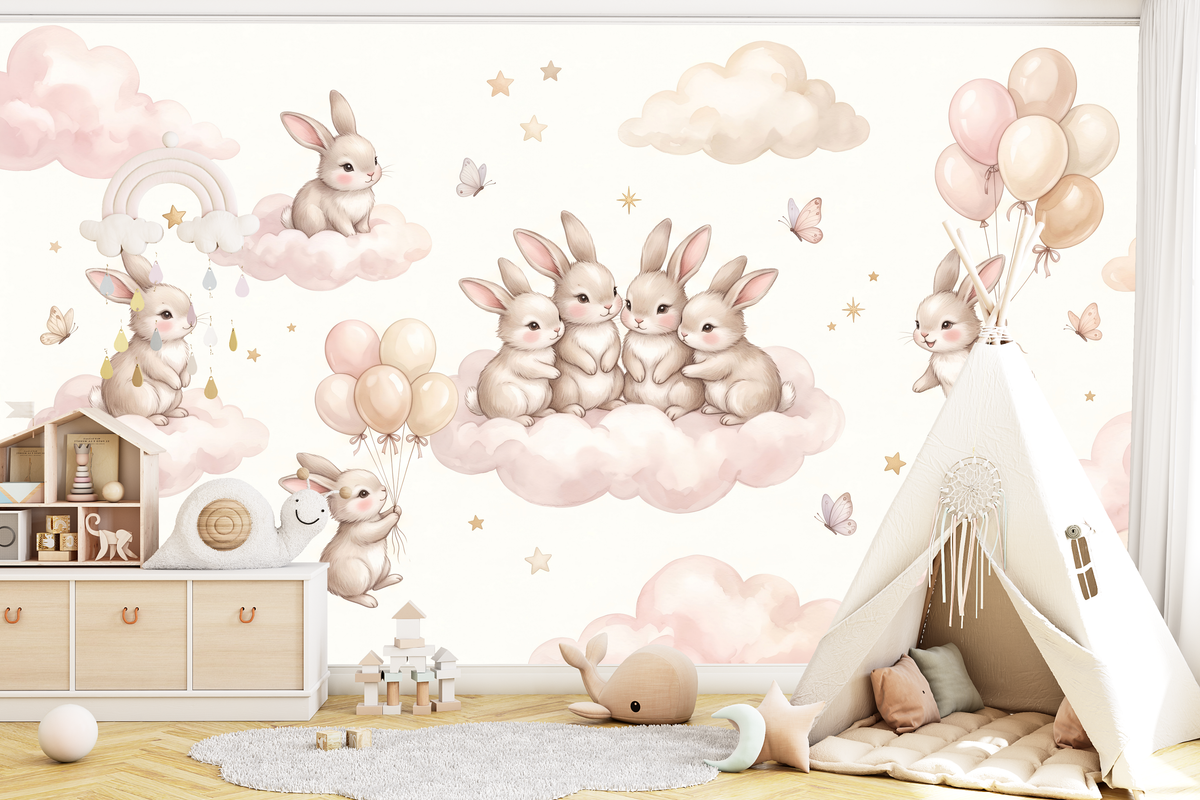 Cute bunny wallpaper mural with cuddling rabbits on clouds
