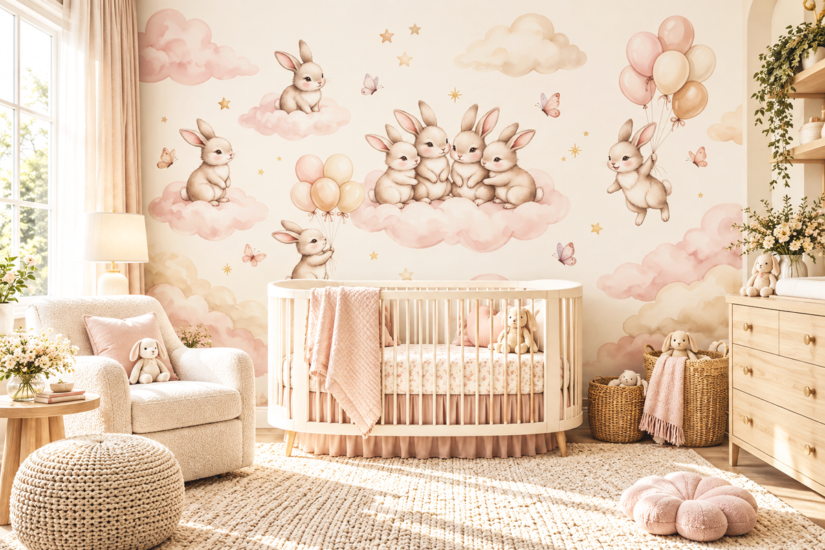 Bunny nursery wallpaper mural with cute rabbits and pink clouds