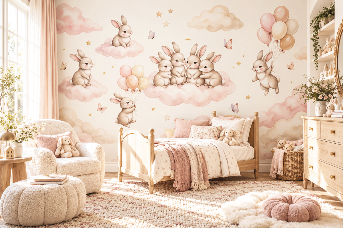 Rabbit wallpaper for baby room with pastel balloons and stars