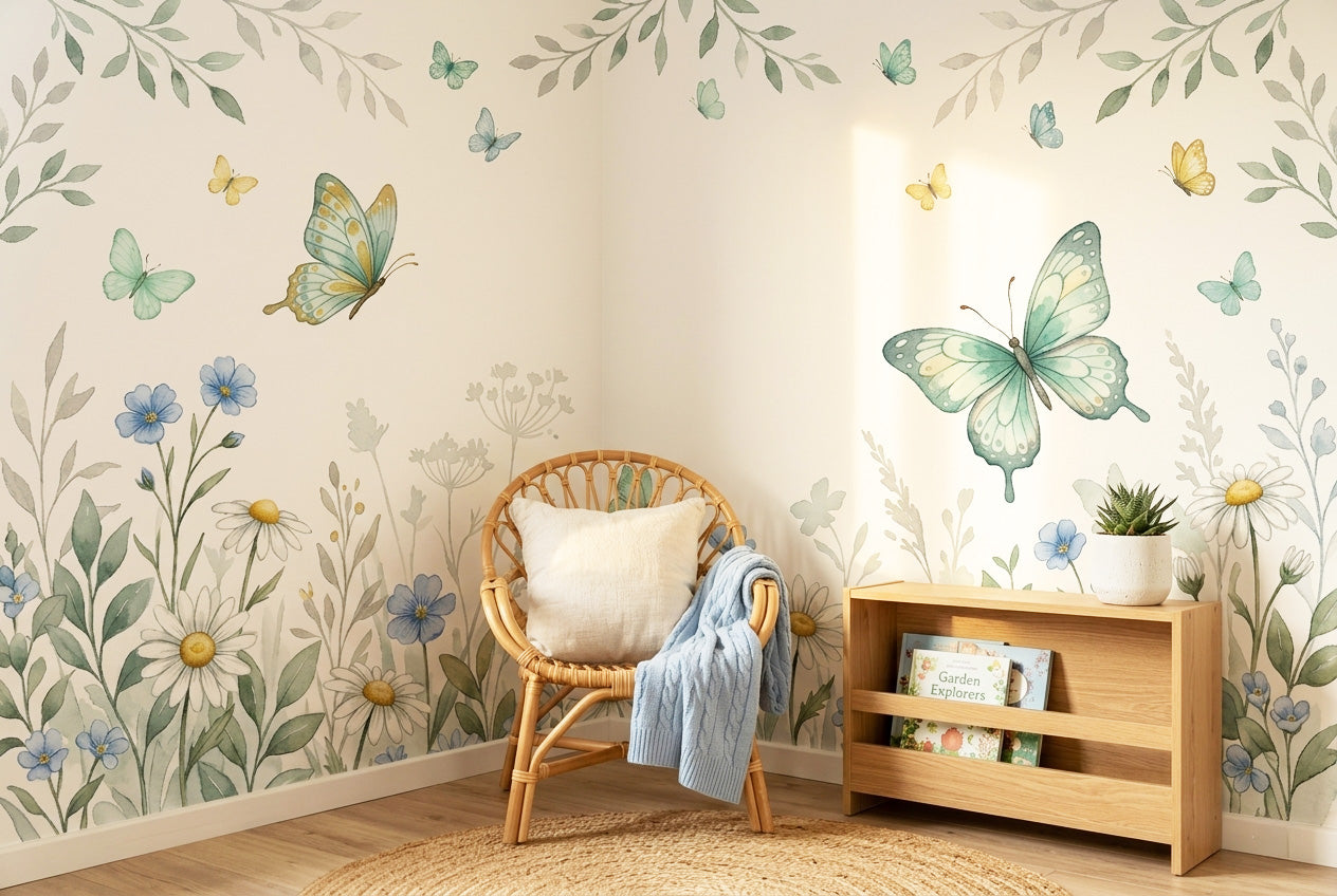 Butterfly garden wall mural in a bright reading nook with a small rattan chair and children's books