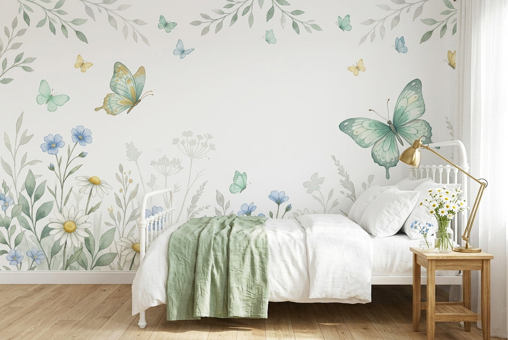 Butterfly meadow wall mural in a guest bedroom behind an iron bed with white linen and dried flower arrangement