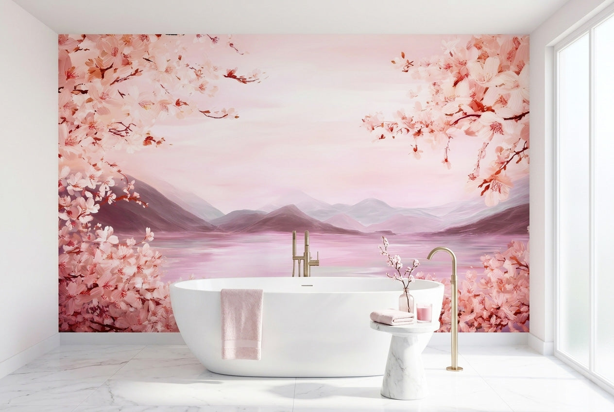 Cherry blossom landscape wall mural in a spa-inspired bathroom with a white freestanding tub and pink accents