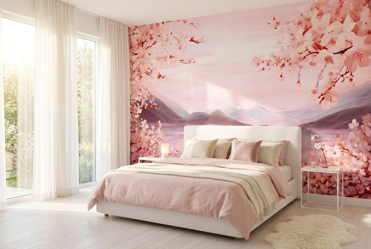 Cherry blossom mountain lake wall mural accent wall in a bright romantic bedroom with white upholstered bed and blush pink bedding