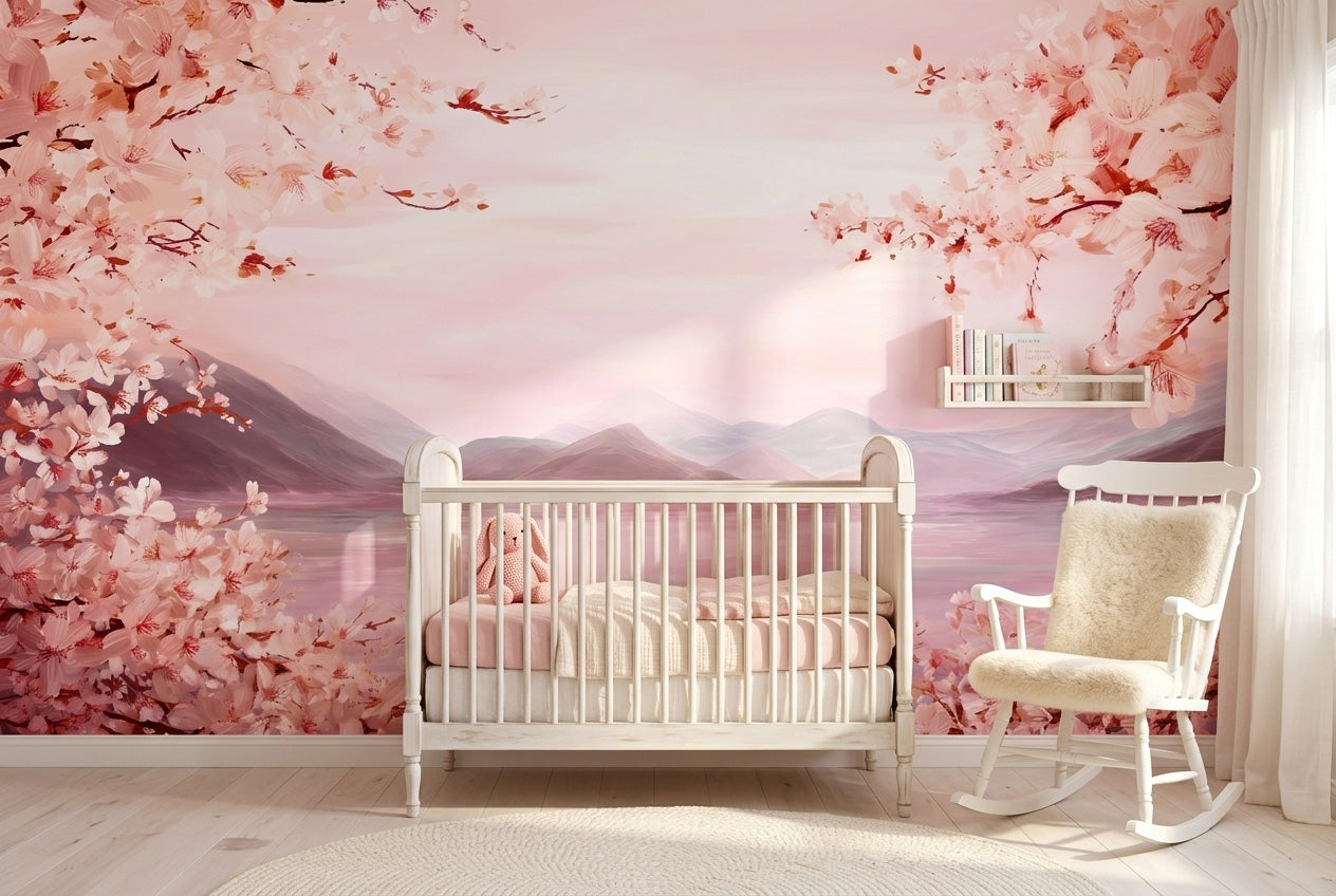 Cherry blossom wall mural in a girls nursery behind a white crib with soft pink and cream bedding and natural light