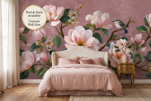 Chinoiserie magnolia wall mural in a romantic elegant bedroom with blush pink and forest green tones