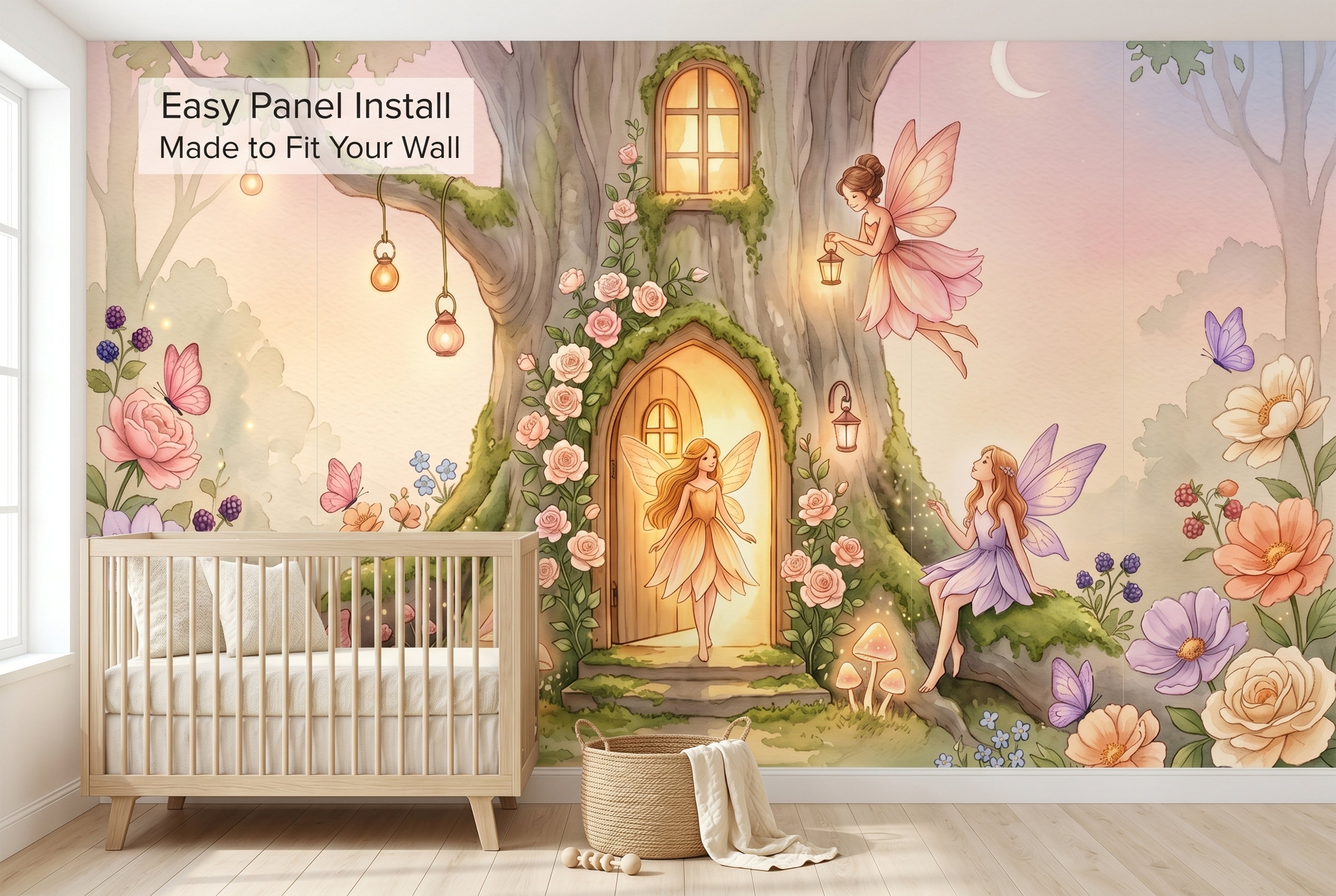 Climbing pink roses and flying fairies on watercolour nursery wall mural