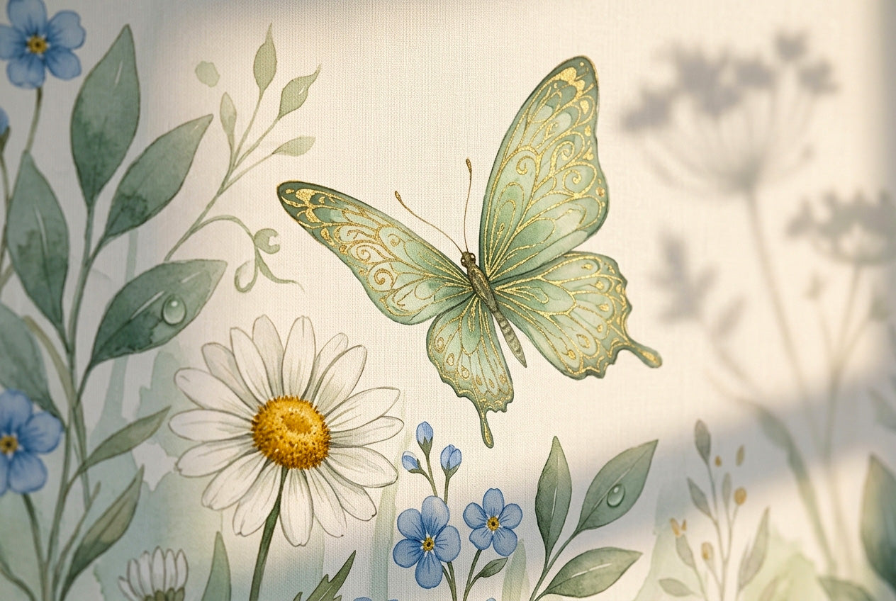 Close-up detail of butterfly garden wallpaper mural showing watercolour sage butterfly daisy petals and forget-me-nots