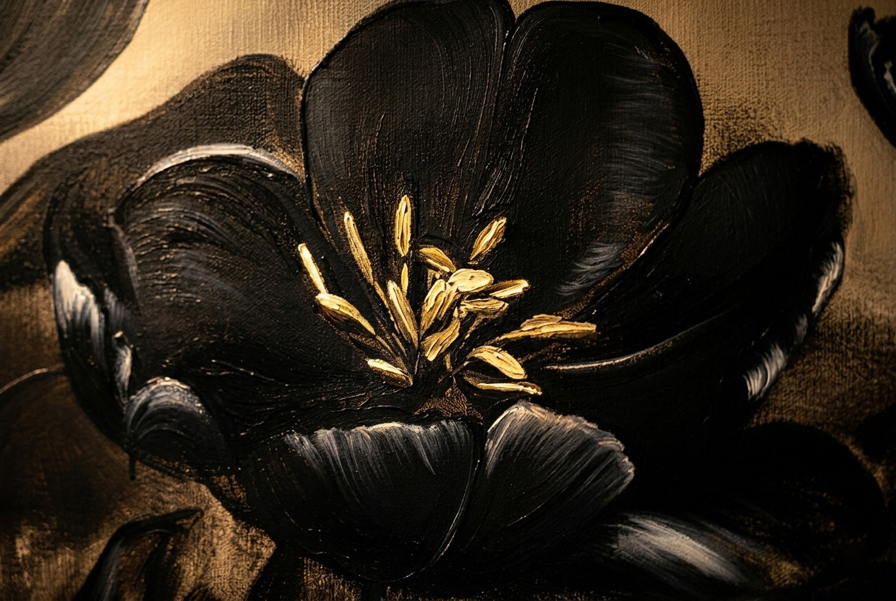 Close-up detail of dark tulip oil painting wallpaper mural showing textured brushstrokes golden stamens and luminous petal edges