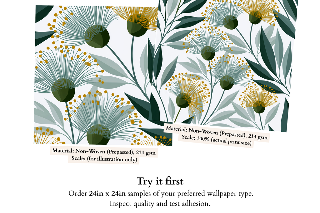 Close-up detail of golden eucalyptus blossom with feathery stamens and deep forest green leaves on modern botanical wallpaper — high-definition fade-resistant print by WallpaperPixi