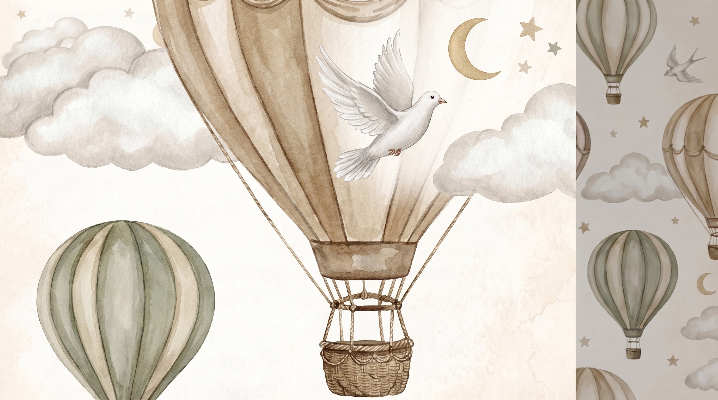 Close-up detail of neutral hot air balloon nursery wall mural — a large beige and taupe striped balloon with woven basket and rope rigging, a graceful white dove in flight, a gold crescent moon and soft watercolour clouds on warm ivory.