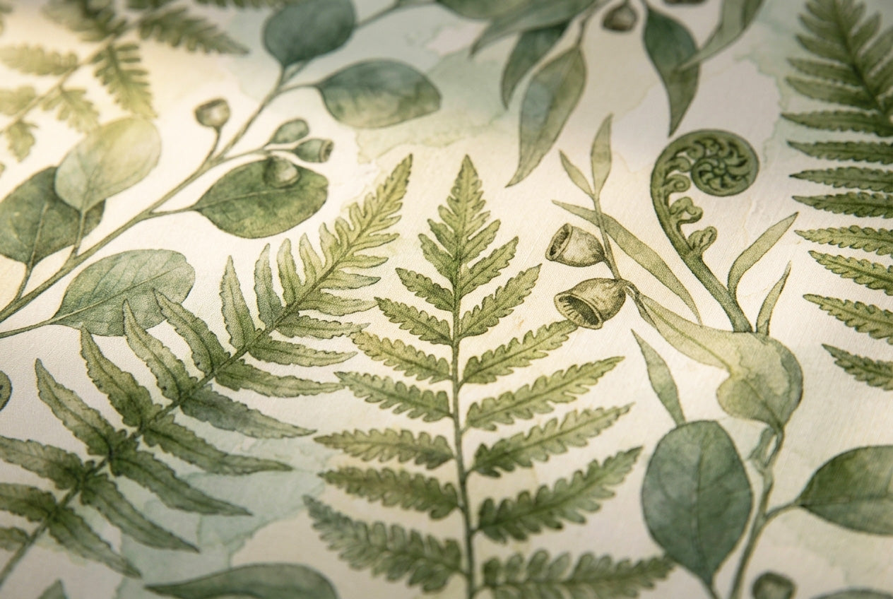 Close-up detail of sage green botanical wallpaper mural showing watercolour fern fronds eucalyptus leaves and curling fiddleheads