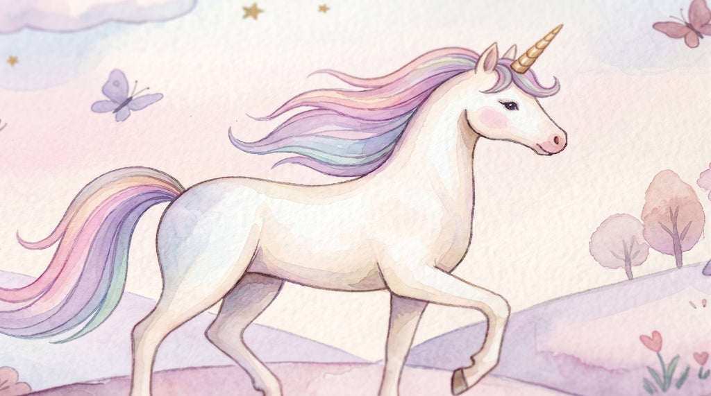 Close-up detail of unicorn wall mural — the majestic white unicorn with flowing pastel rainbow mane in pink, lilac and mint, golden spiral horn, prancing across blush pink hills with tiny wildflowers, hearts and butterflies at its feet.