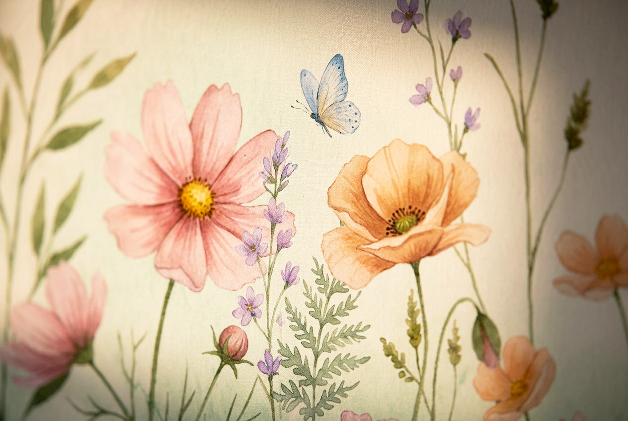 Close-up detail of wildflower meadow wallpaper mural showing watercolour cosmos poppies and butterflies in soft pastel tones