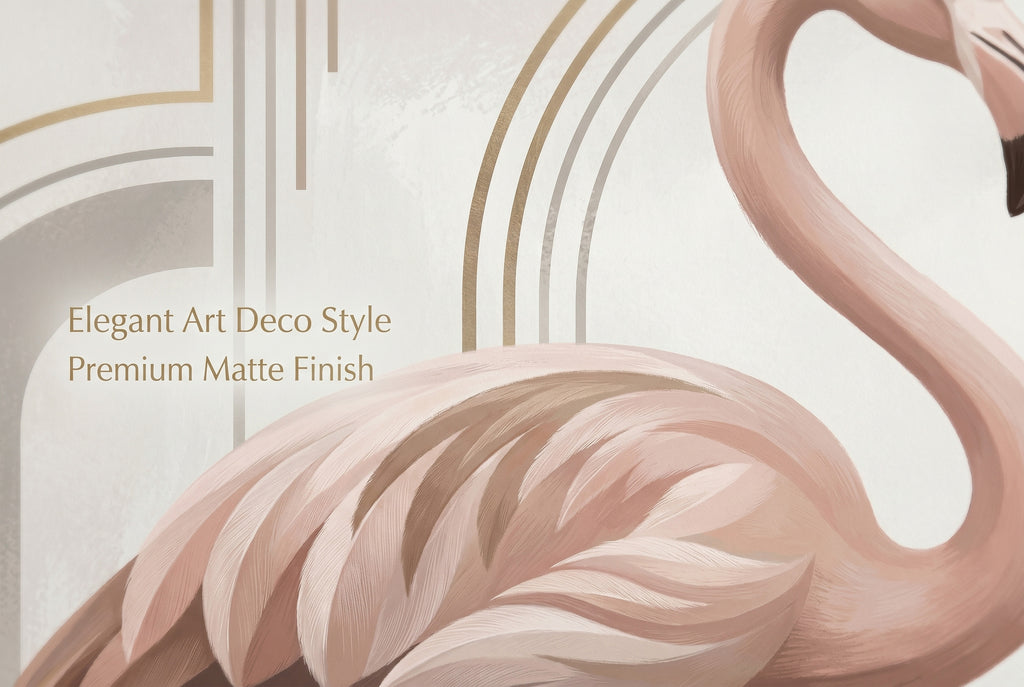 Close up detail of Art Deco flamingo wall mural showing blush pink feather texture and gold arch line detail