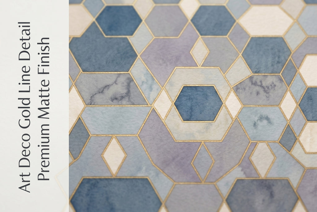 Close up detail of Art Deco geometric wallpaper showing gold hexagon lines and blue watercolour marble texture