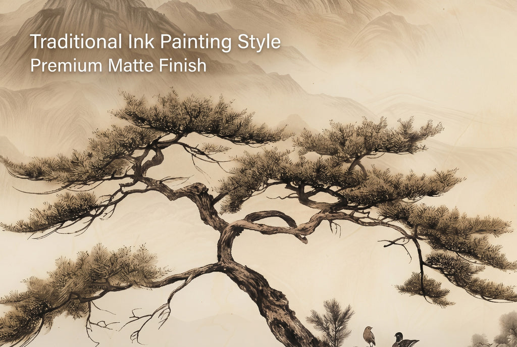 Close up detail of Japanese zen mountain wall mural showing ink wash painting texture and ancient pine tree