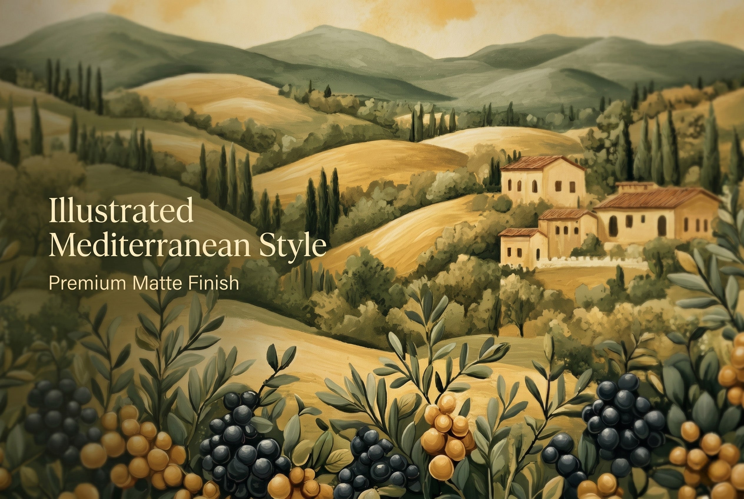 Close up detail of Tuscan landscape wall mural showing olive branches and golden Italian countryside illustration