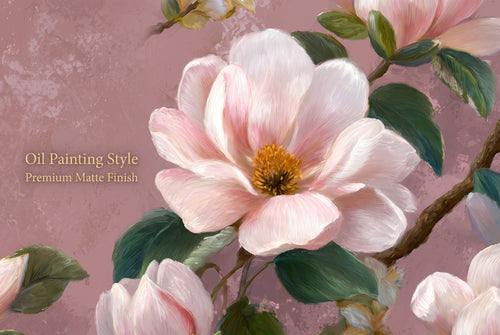 Close up detail of chinoiserie magnolia wall mural showing oil painting texture and blush pink flower detail