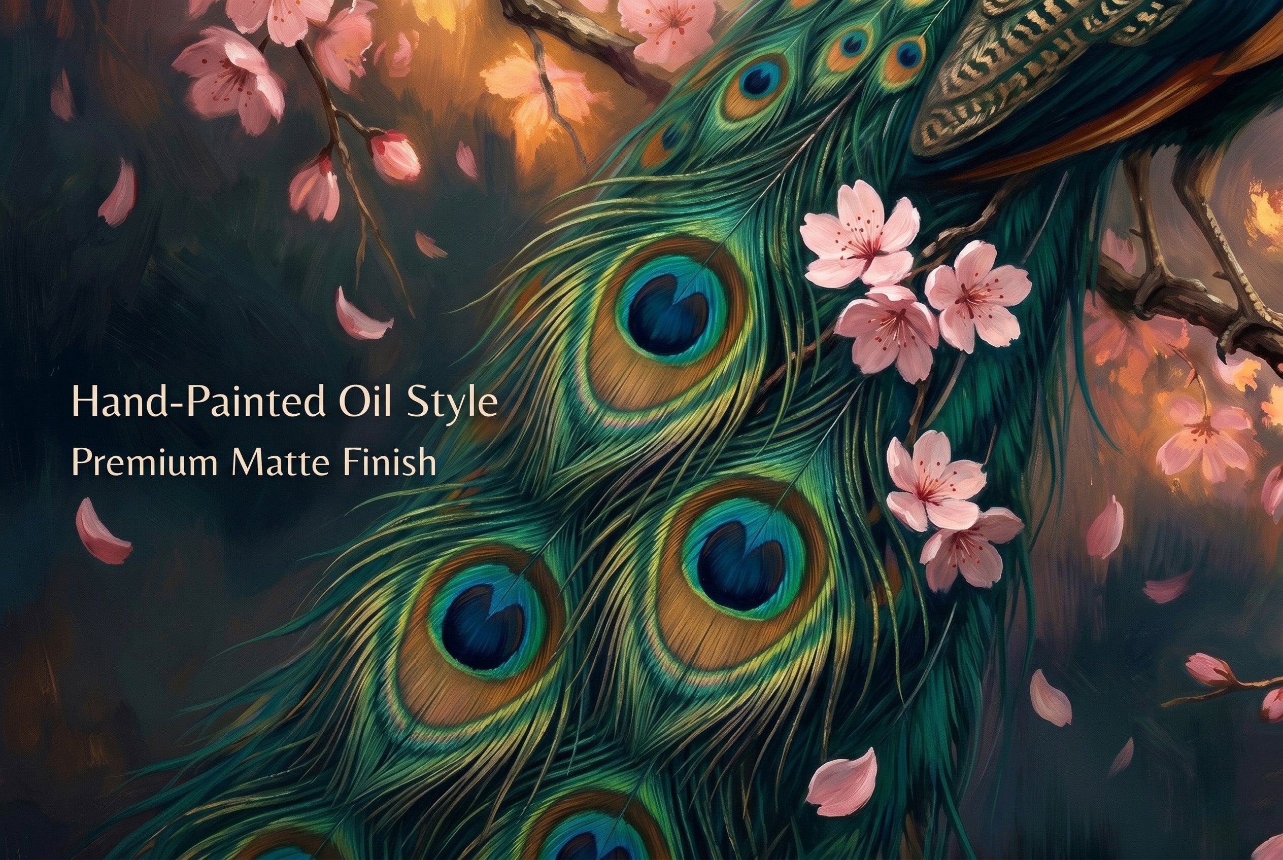 Close up detail of dark peacock wall mural showing iridescent teal feathers and blush cherry blossom texture