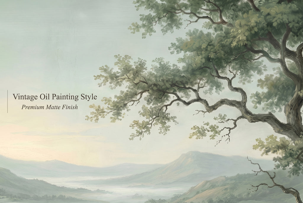 Close up detail of green landscape wall mural showing vintage oil painting texture and sage green nature tones