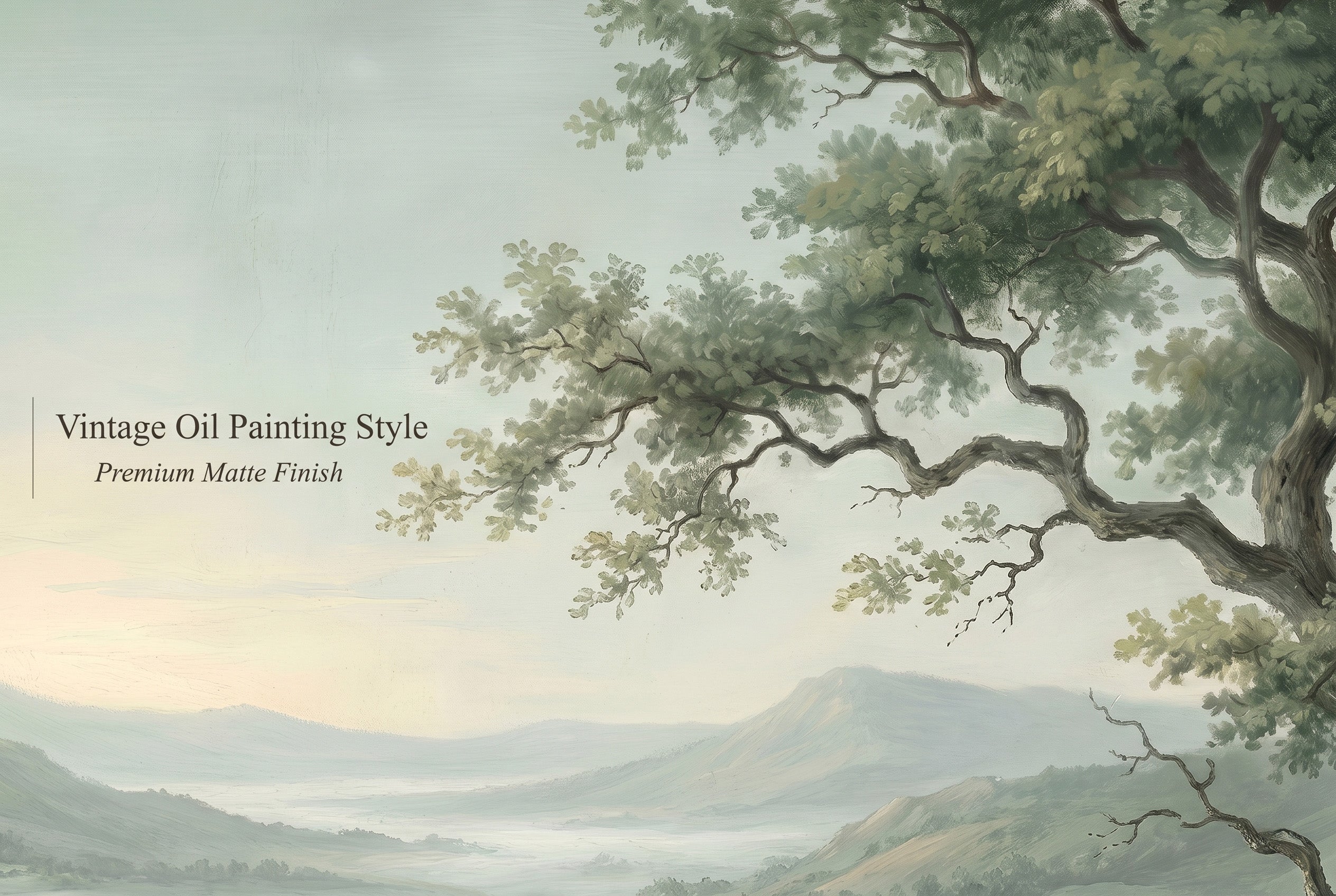 Close up detail of green landscape wall mural showing vintage oil painting texture and sage green nature tones