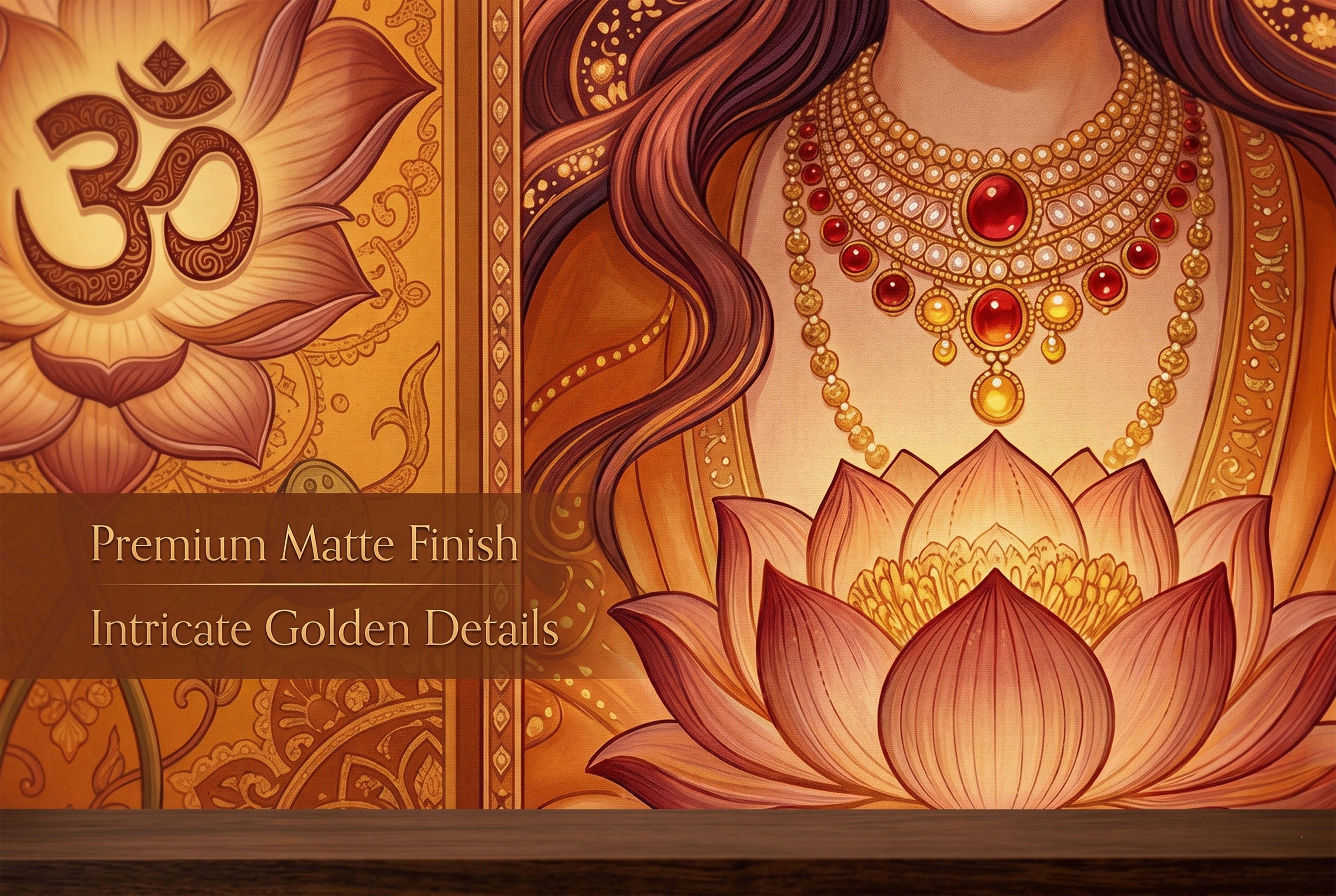 Close up of Om symbol and glowing lotus flower on spiritual peel and stick wallpaper