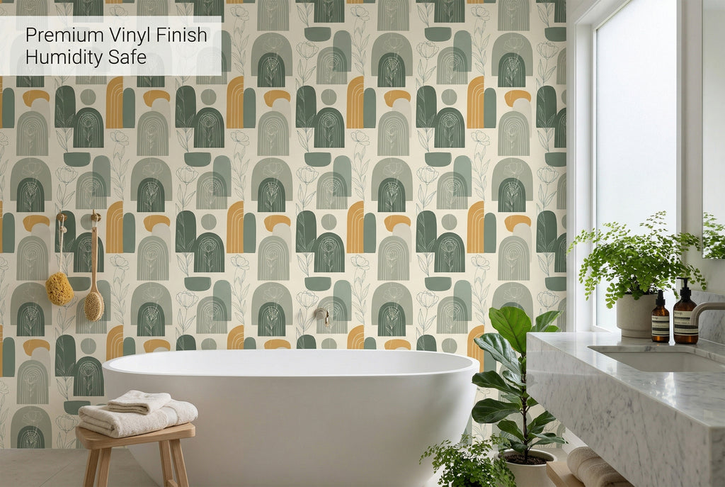 Close up of abstract boho arches and hand-drawn flowers on peel and stick wallpaper