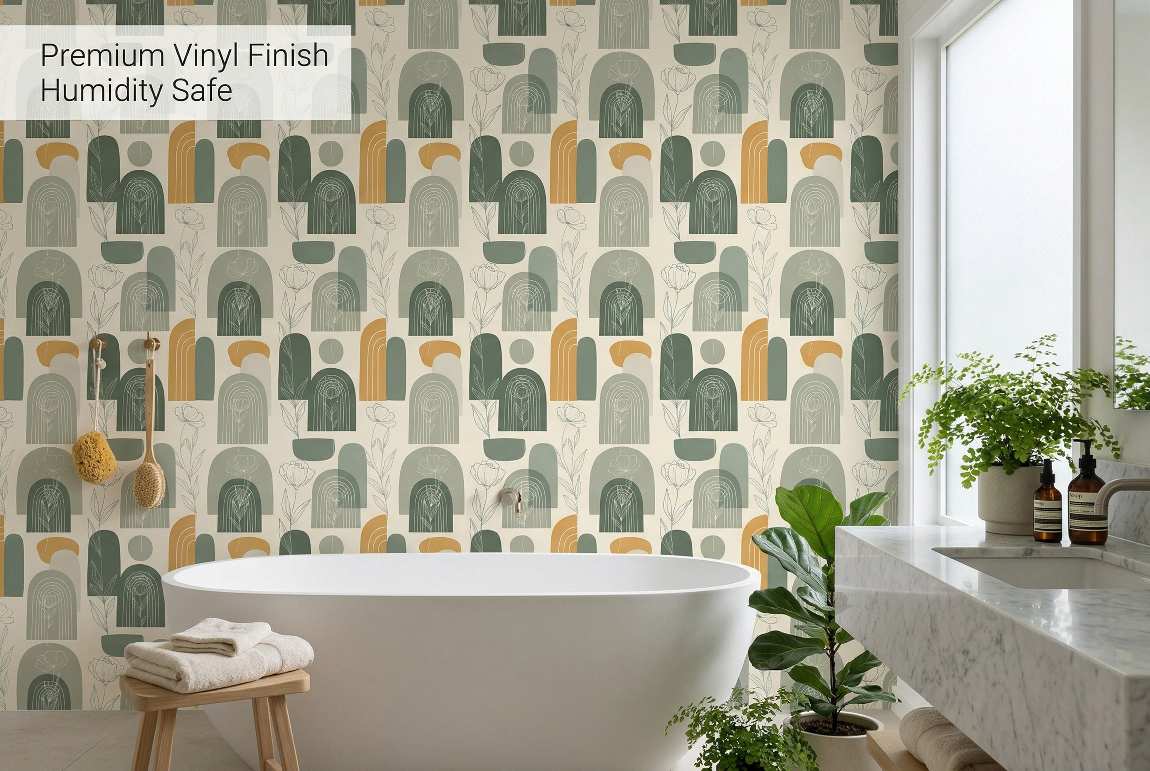 Close up of abstract boho arches and hand-drawn flowers on peel and stick wallpaper