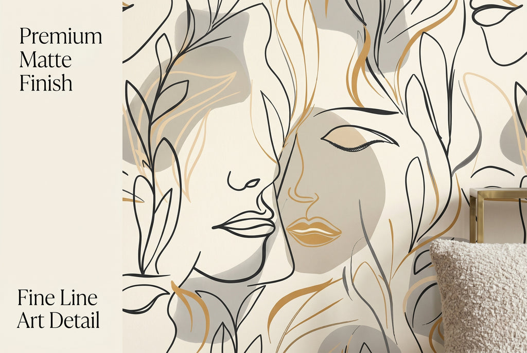 Close up of abstract botanical female portrait on boho peel and stick wallpaper