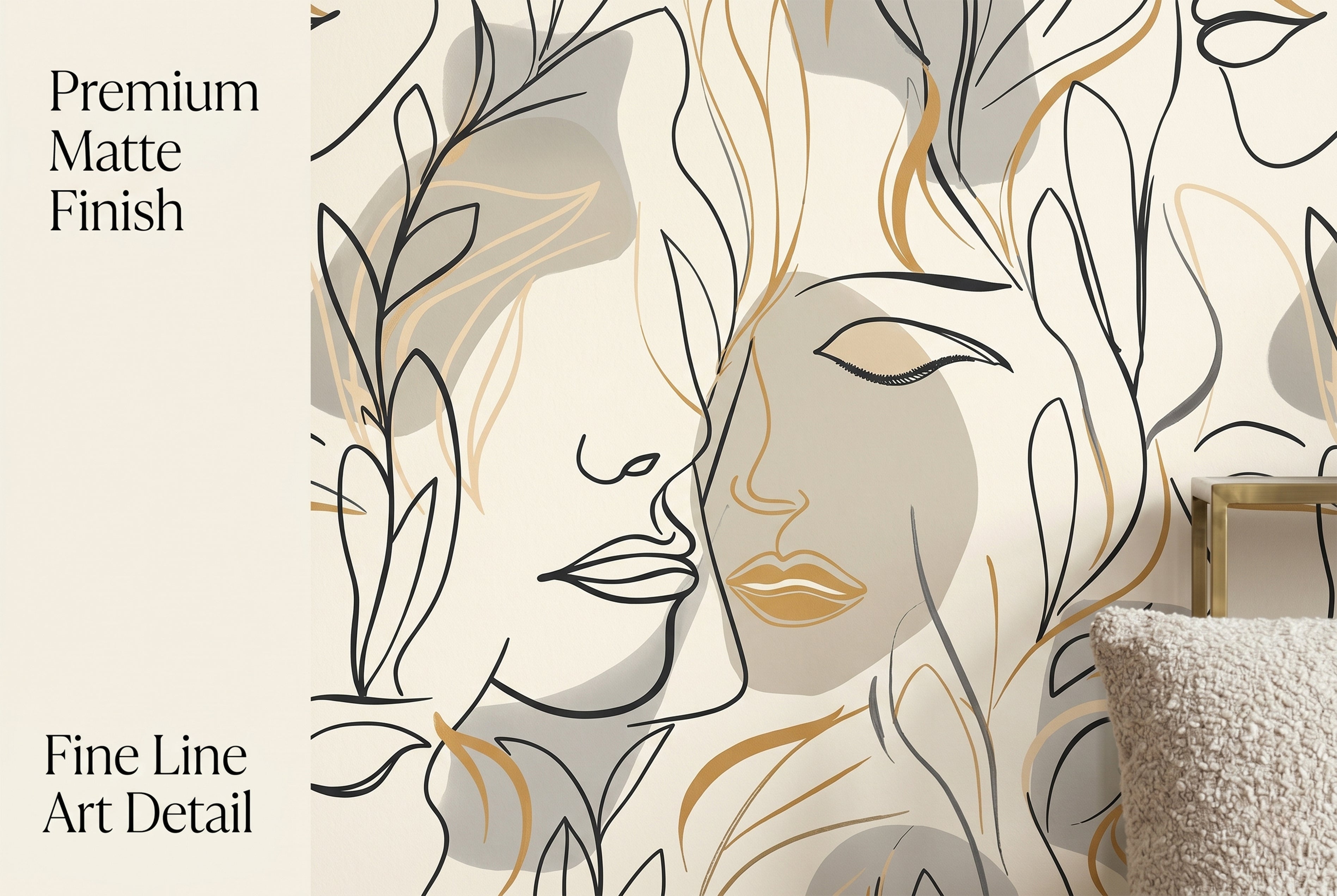Close up of abstract botanical female portrait on boho peel and stick wallpaper