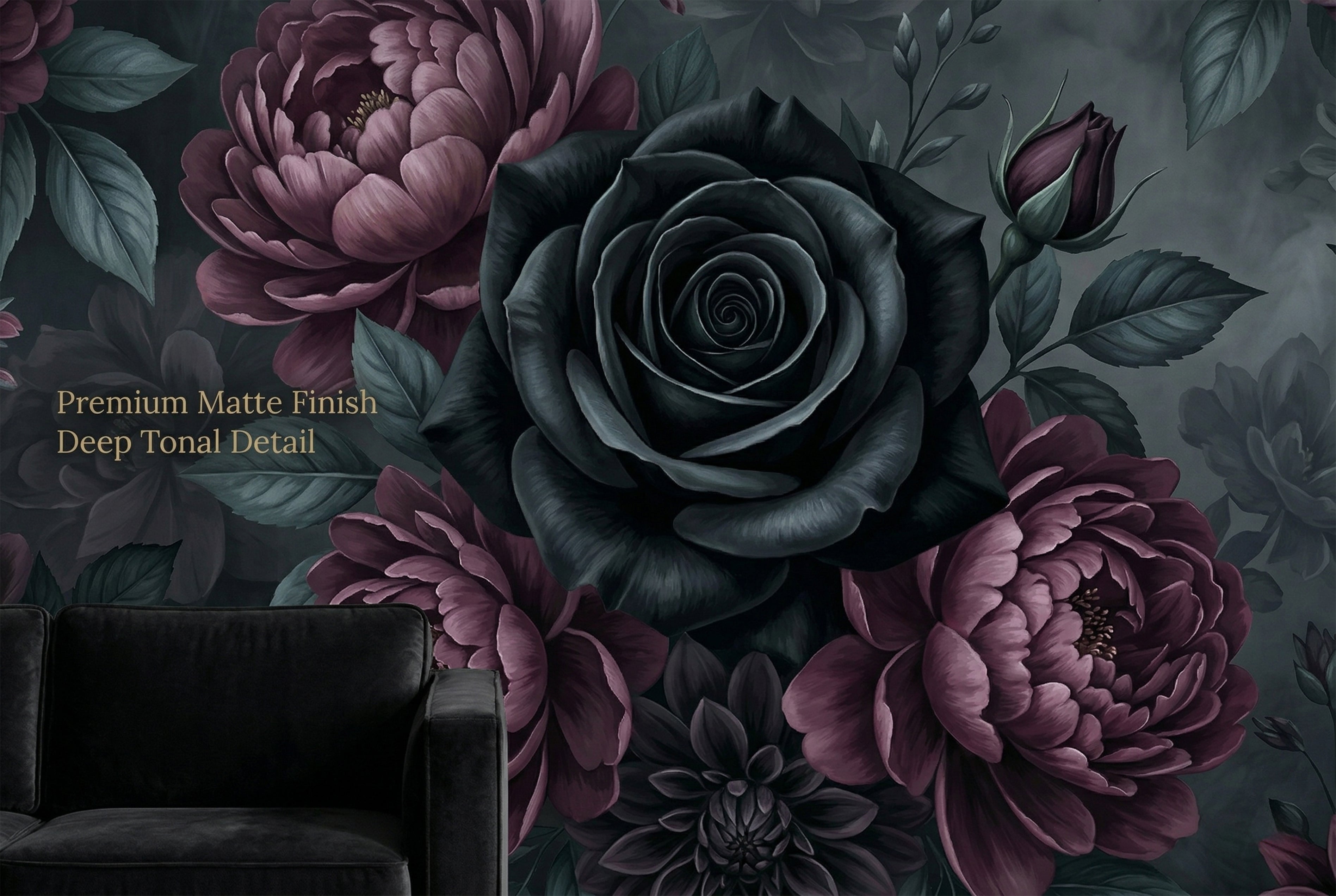 Close up of burgundy peonies and black roses on dark gothic wallpaper
