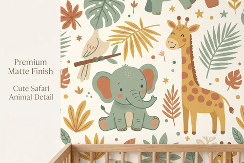Close up of cartoon elephant giraffe and toucan on boho jungle nursery wallpaper