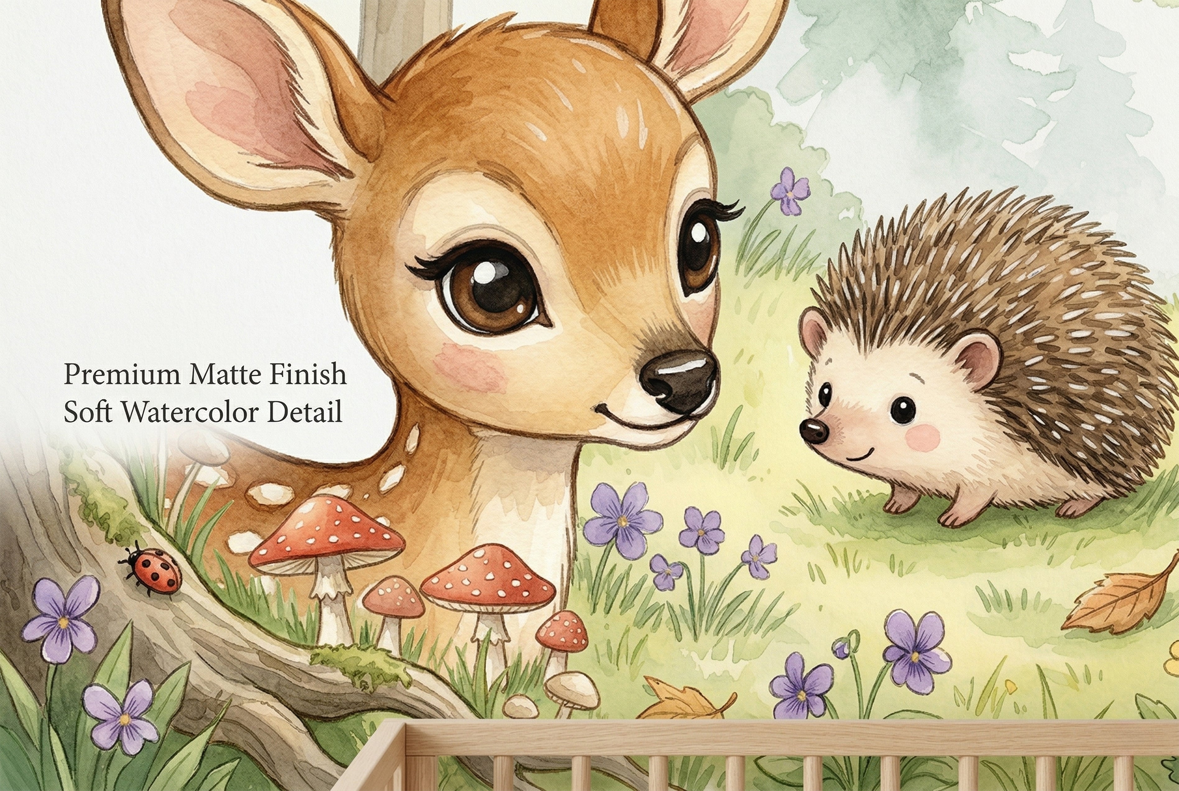 Close up of cute baby deer and fox on watercolour woodland nursery wallpaper