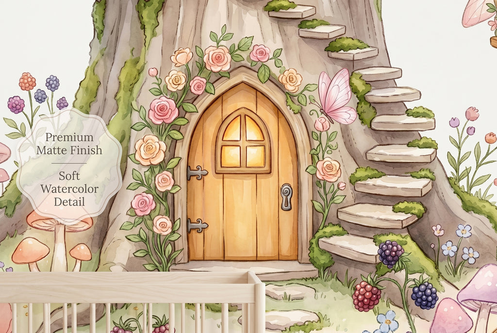Close up of cute fairy swinging from a vine and blooming forest tree house wallpaper