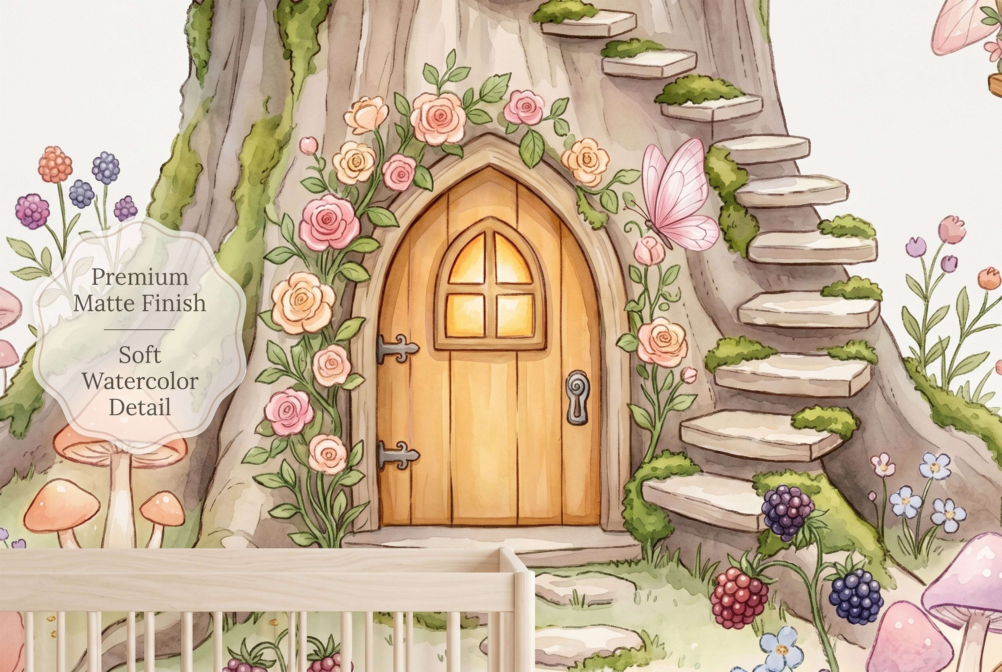 Close up of cute fairy swinging from a vine and blooming forest tree house wallpaper
