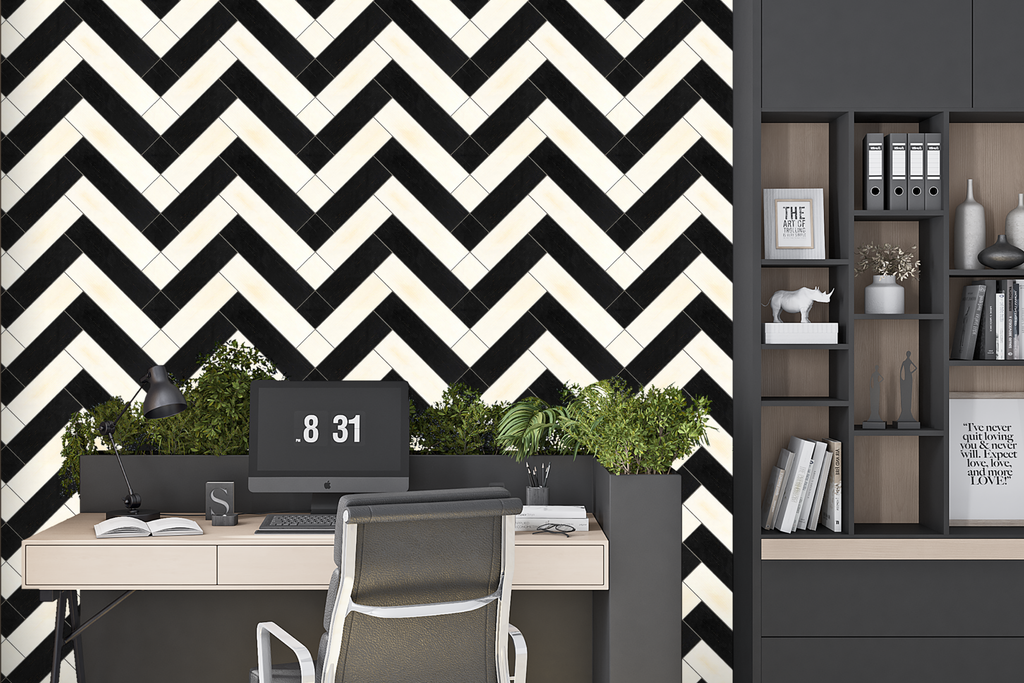 Close up of deep charcoal black and ivory herringbone parquet wallpaper pattern