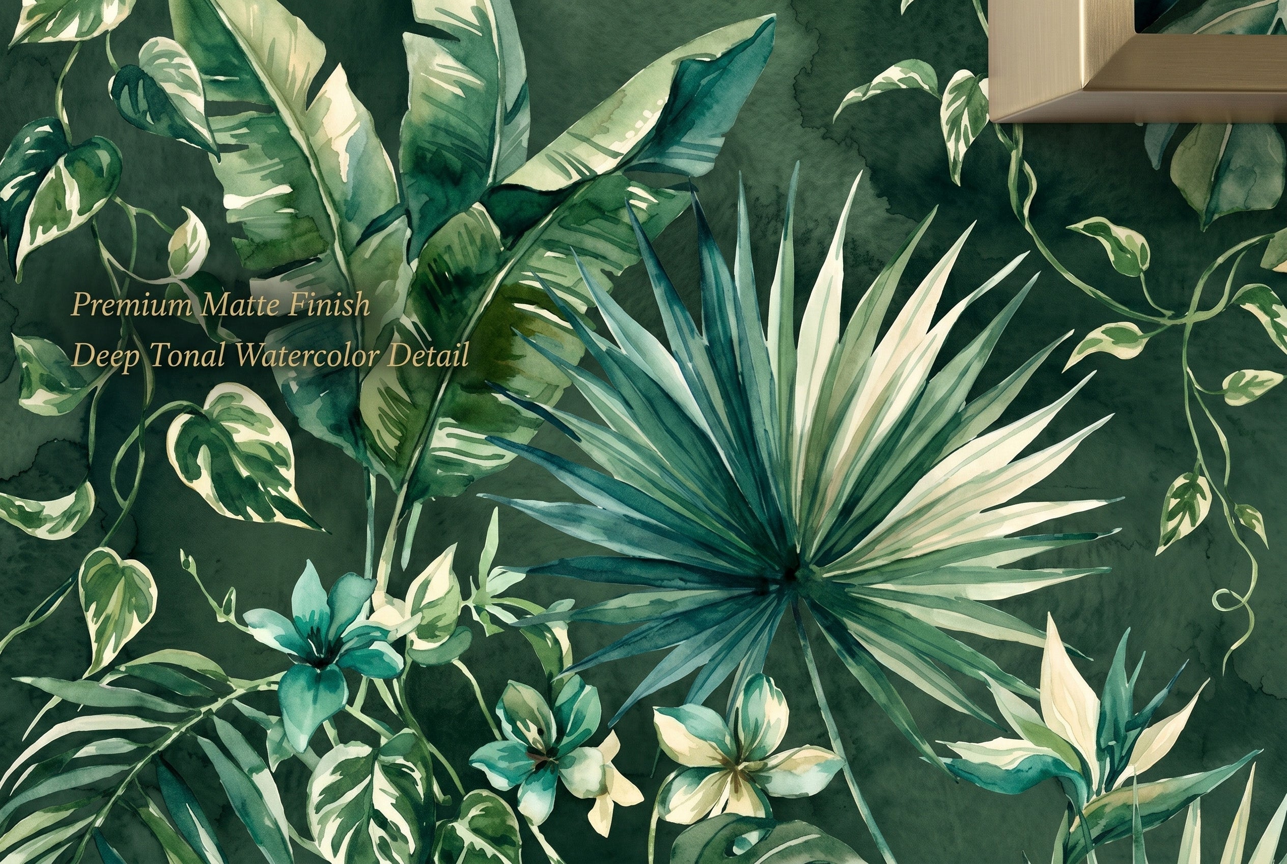 Close up of deep green watercolor tropical foliage and botanical fern wallpaper