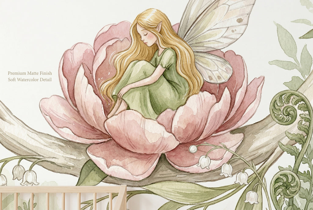 Close up of delicate fairy sitting in a blooming peony flower wallpaper