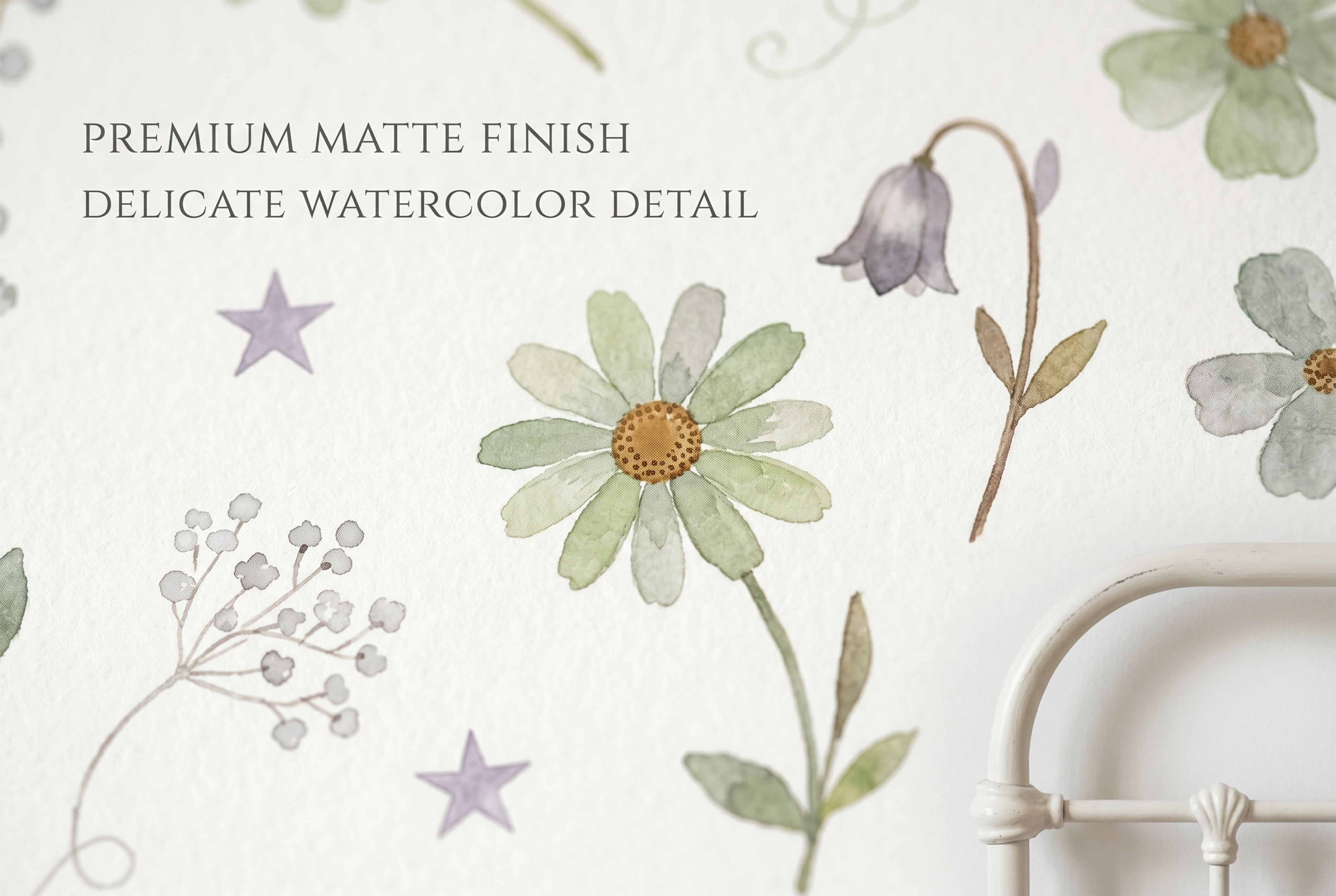 Close up of delicate watercolour daisies and bluebells on warm cream wallpaper