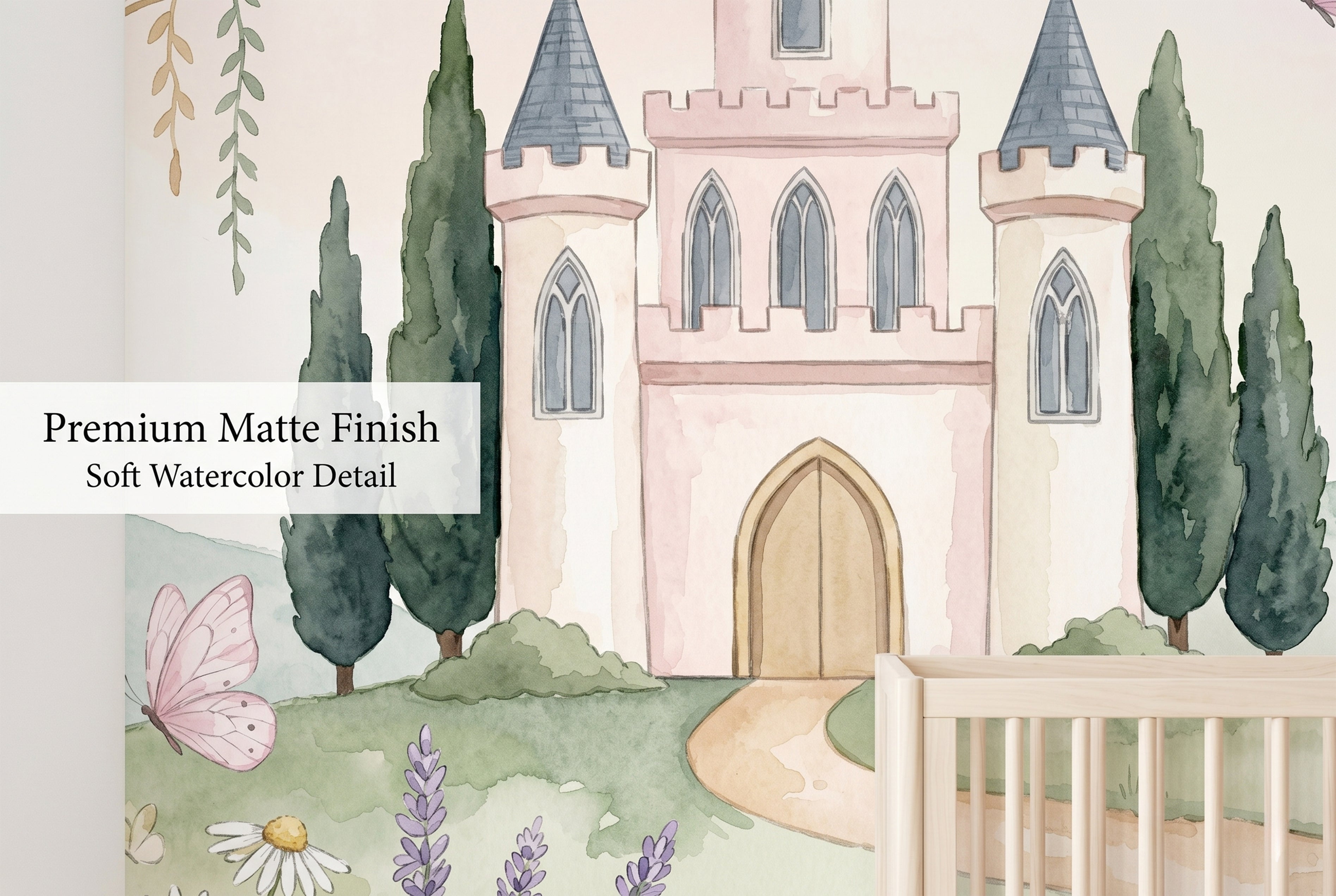 Close up of elegant watercolour castle and wildflower meadow on nursery wallpaper