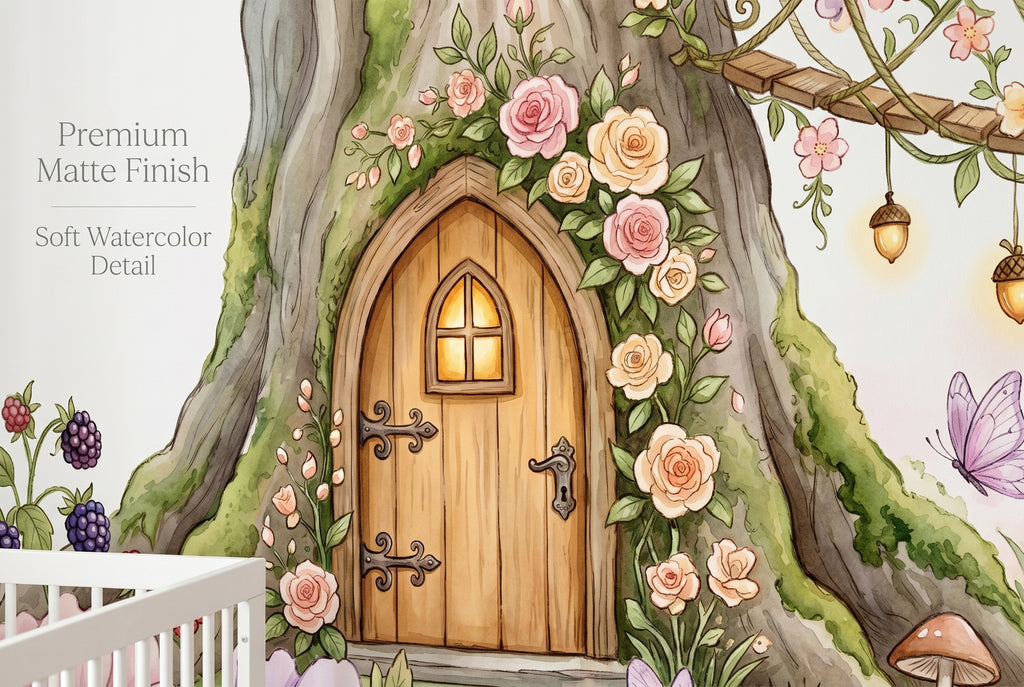 Close up of glowing acorn lanterns and vine bridge on fairy forest wallpaper