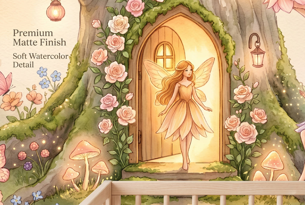 Close up of glowing fairy door and crescent moon on enchanted forest wallpaper
