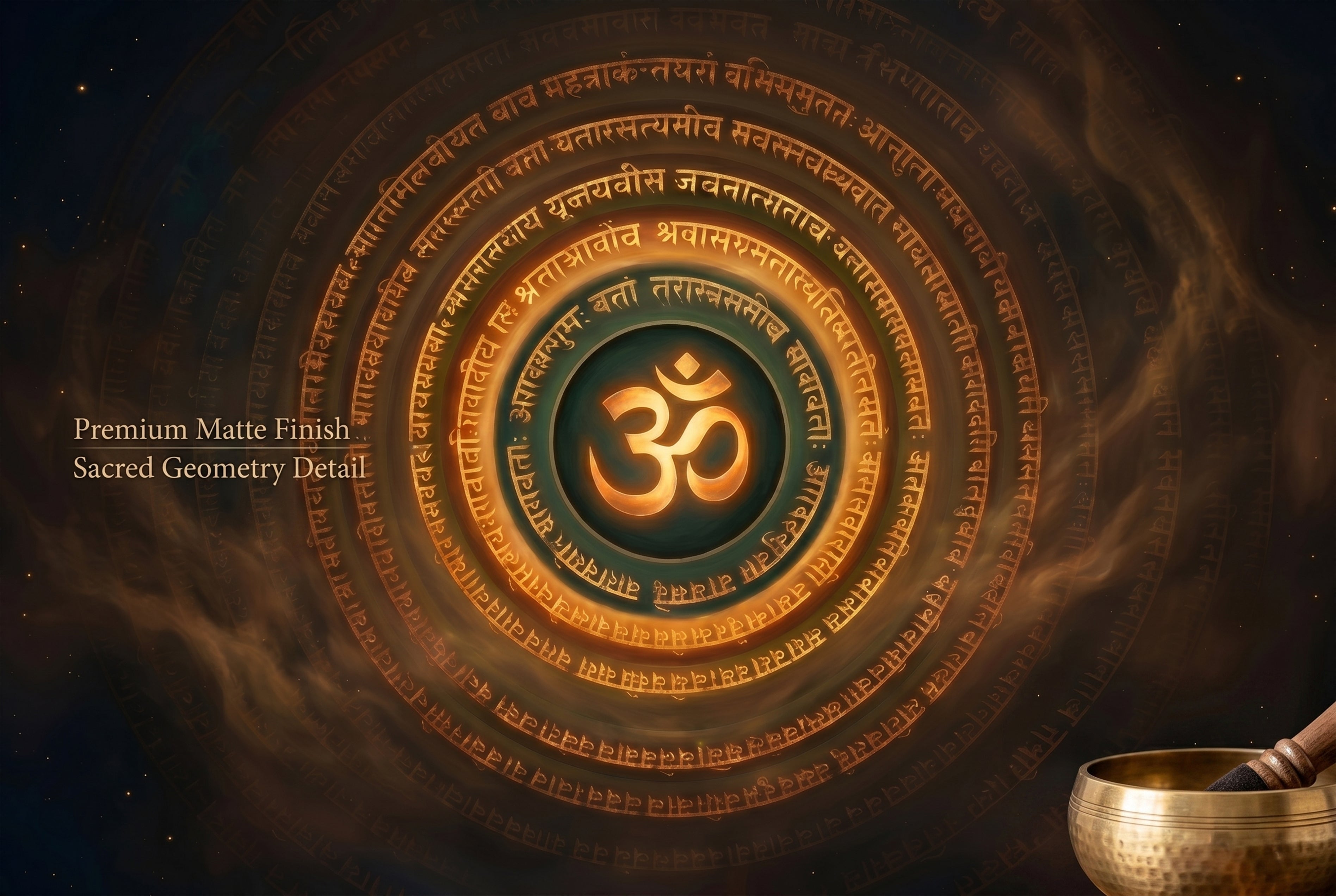 Close up of golden Om symbol and concentric Sanskrit text on dark cosmic wallpaper