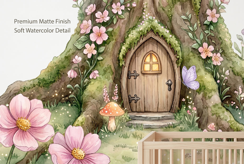 Close up of majestic moss-covered fairy tree with a glowing door and window